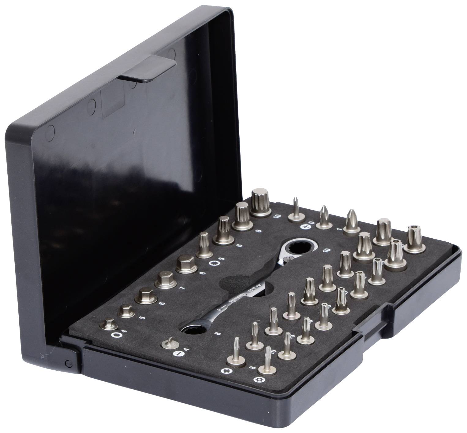 Czarna skrzynka z otwartą pokrywą, zawierająca różne końcówki wkrętakowe oraz mały klucz do śrub w różnych rozmiarach.