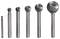 Sześć frezów metalowych o różnych rozmiarach, ułożonych od najmniejszego do największego. Frezy posiadają główki w kształcie kuli z rowkowanym wzorem.