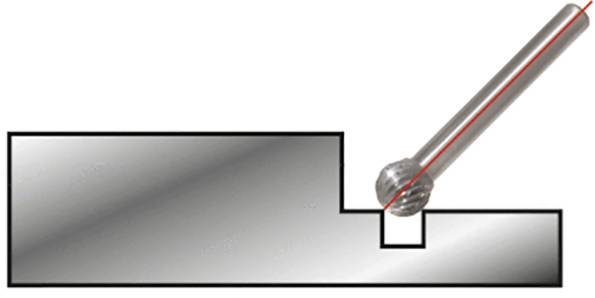 Obraz narzędzia frezarskiego obrabiającego prostokątny rowek w bloku metalowym. Czubek frezu dotyka bloku.
