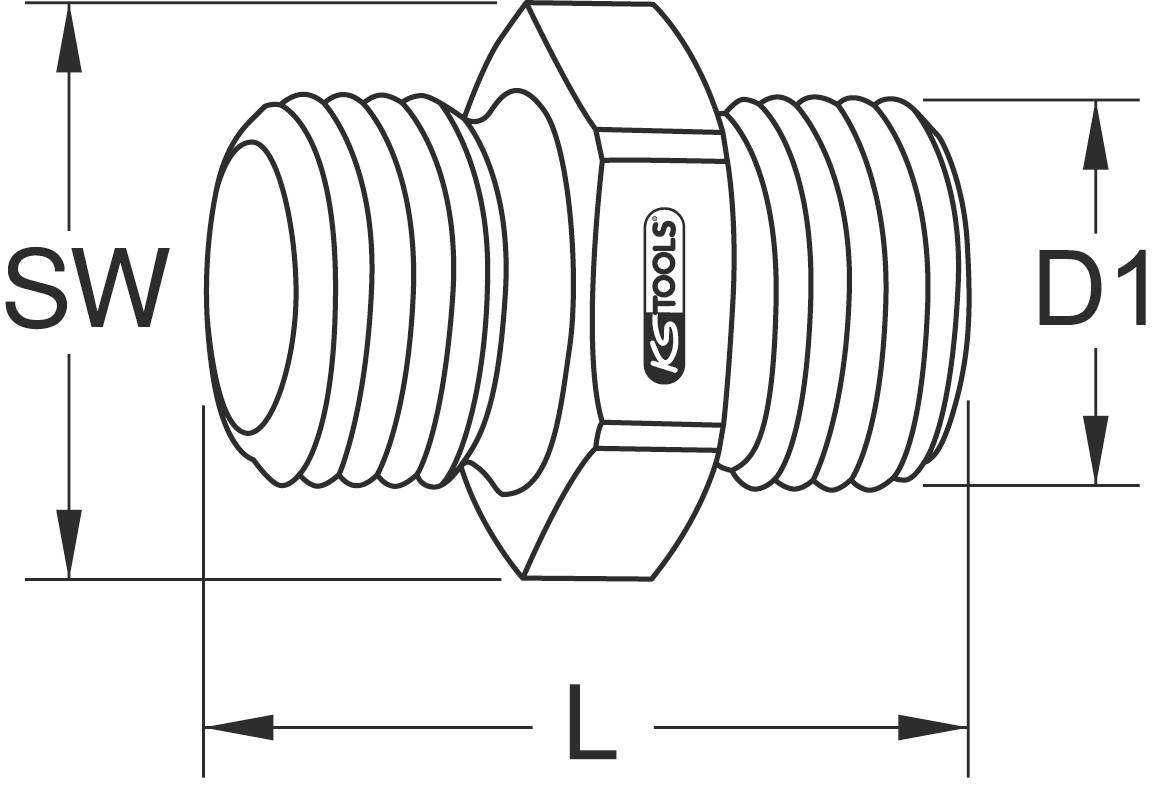 Rysunek techniczny złączki KS Tools. Oznaczone są parametry długości (L), średnicy (D1) oraz rozmiaru klucza (SW).