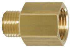 Mosiężny adapter z gwintem i nakrętką sześciokątną, stosowany do połączeń rurowych.