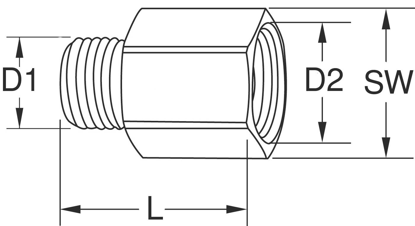 Rysunek techniczny cylindrycznego adaptera z gwintem zewnętrznym (D1), średnicą wewnętrzną (D2), długością (L) i rozstawem klucza (SW).