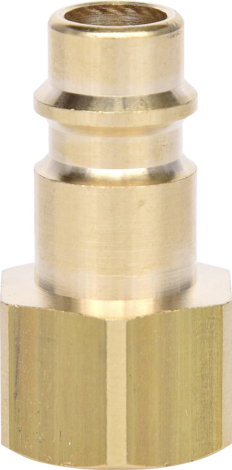 Mosiężny łącznik wtykowy z metalu z szeroką sześciokątną podstawą. Stosowany do połączeń pneumatycznych w warsztatach.