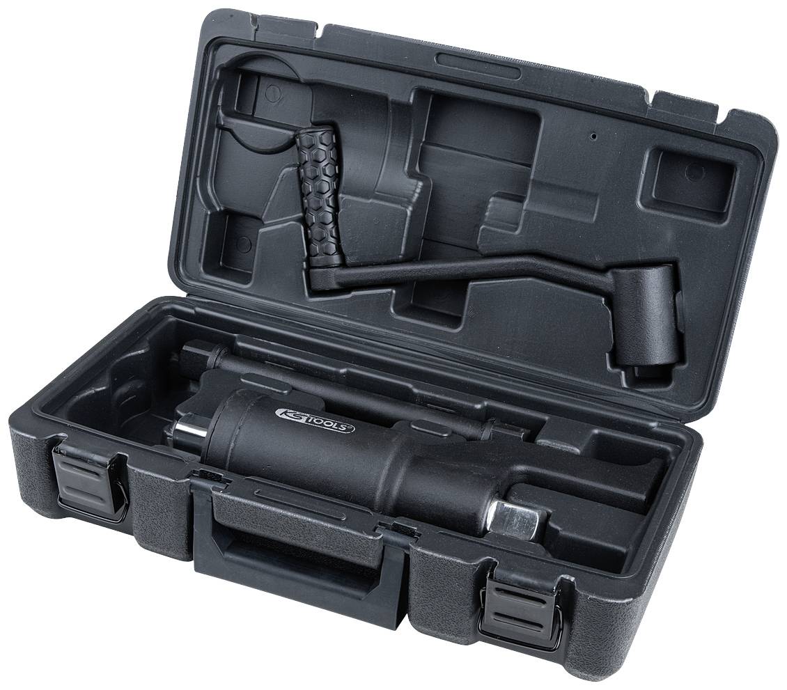 Czarno-szary zestaw narzędzi dźwigowych w otwartej walizce plastikowej. Zawiera poręczną dźwignię z antypoślizgowym uchwytem.