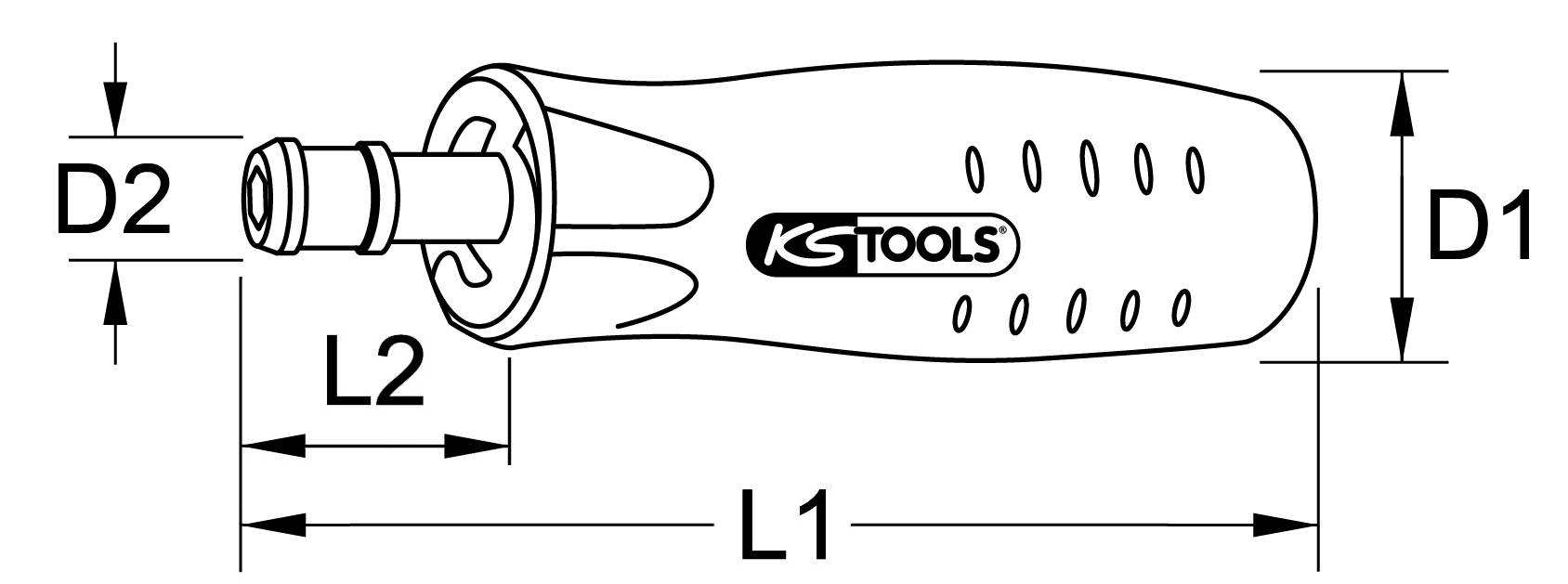 'Ilustracja uchwytu śrubokrętu z logo KS Tools. Zaznaczone są wymiary D1, D2, L1 i L2.'