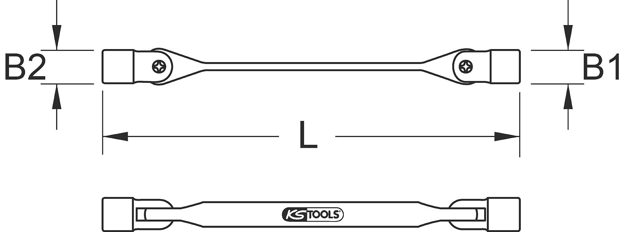Rysunek techniczny narzędzia z dwoma końcówkami. Oznaczony B1, B2 oraz L do wskazania wymiarów. Logo KS Tools pośrodku.