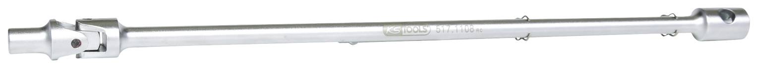 Długi, srebrny klucz dynamometryczny, używany głównie w samochodach, leży w poziomie.