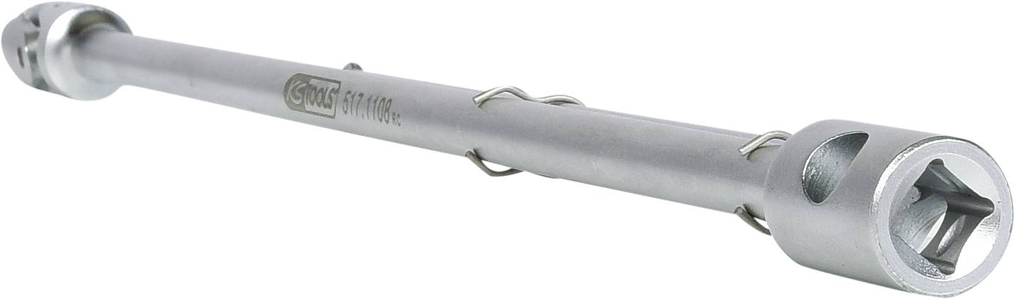 Długa, szara dźwignia z dwoma kwadratowymi otworami na końcach, używana do dokręcania lub odkręcania śrub.