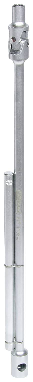 Długi, regulowany metalowy pręt z przegubami, prawdopodobnie element jakiegoś narzędzia lub maszyny.