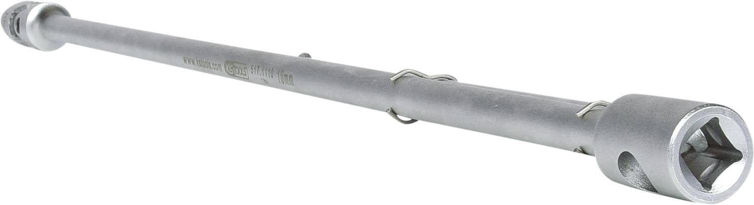 Długi klucz dynamometryczny wykonany z metalu, z kwadratowym chwytem na jednym końcu, przeznaczony do dokręcania śrub lub nakrętek.