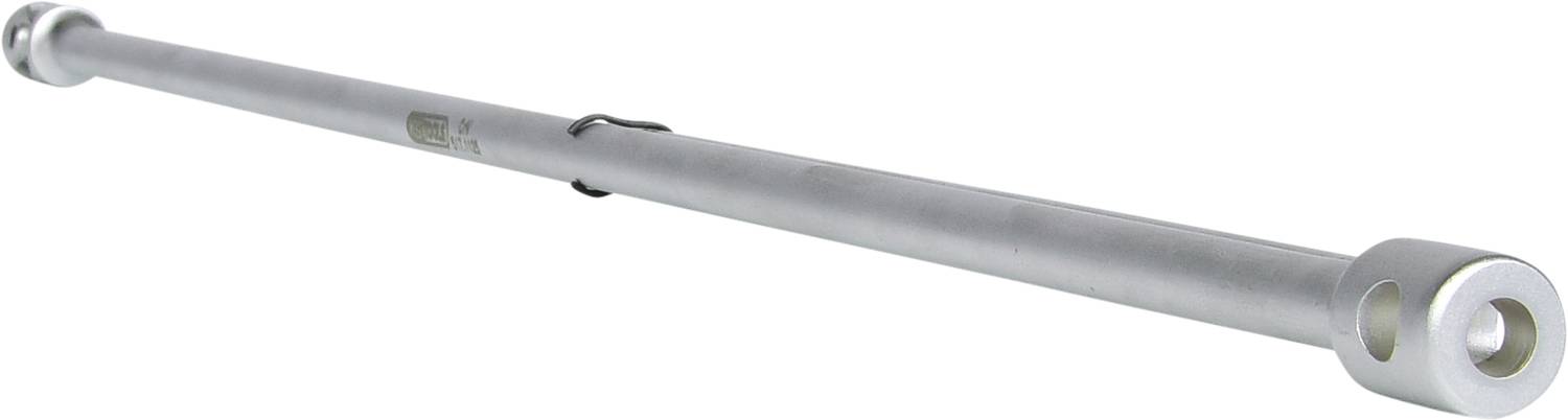 Srebrny pręt metalowy z dwoma otwartymi końcami i gładką powierzchnią, ułożony w pozycji poziomej.