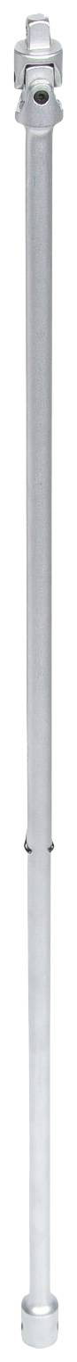 Długi, srebrny słup metalowy z dwoma otwartymi końcami i regulowanymi zaciskami. Odpowiedni do prac budowlanych lub montażowych.