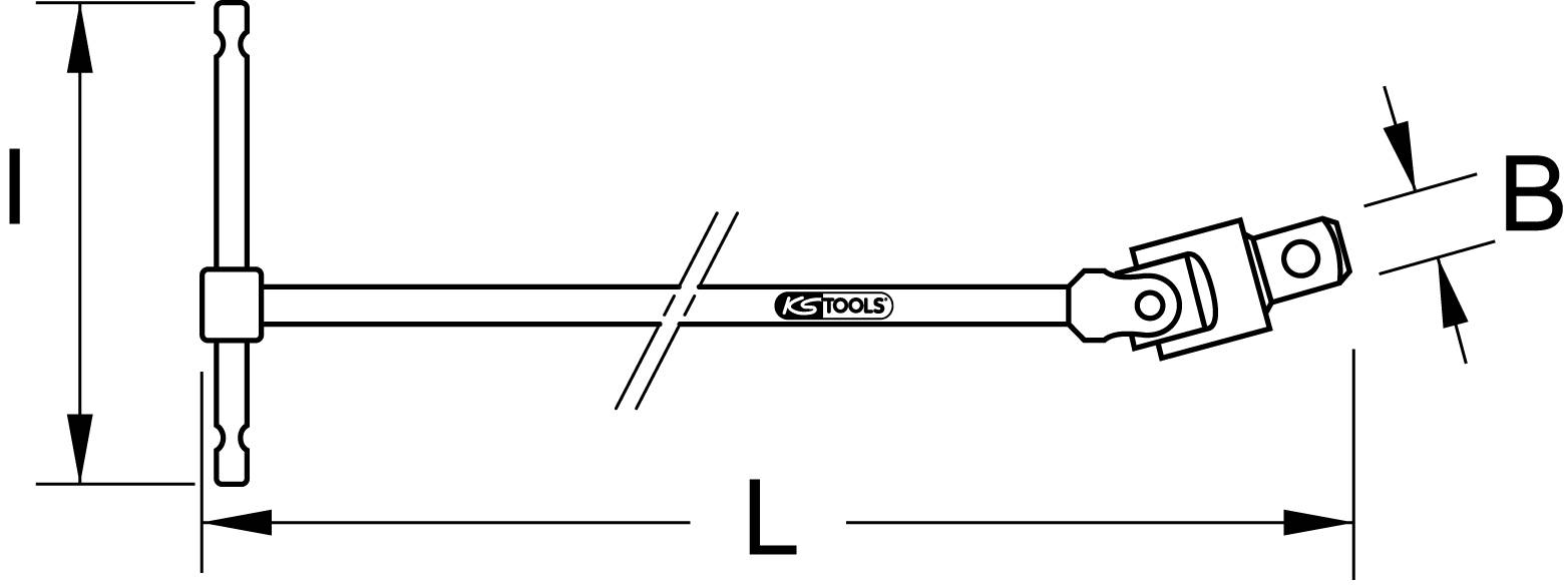 Rysunek techniczny klucza z uchwytem T z podanymi wymiarami. Uchwyt jest poziomy, z ruchowym przegubem po prawej stronie.