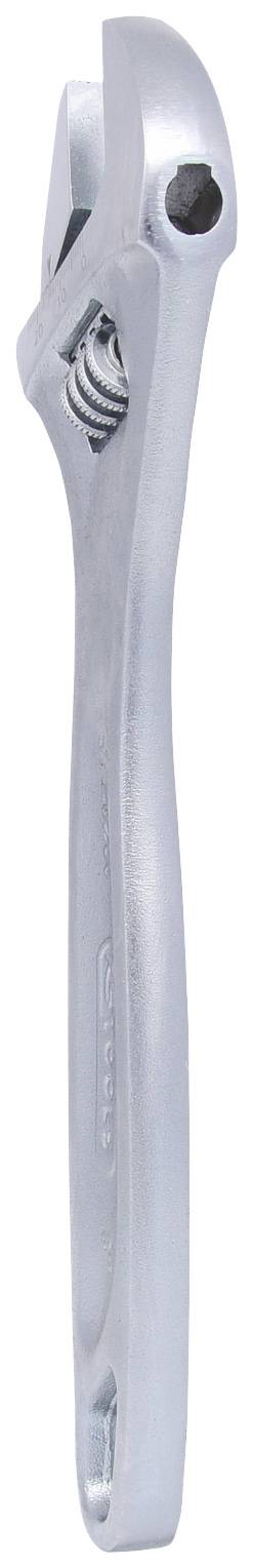 Regulowany klucz nastawny z metalu widziany z boku, z widoczną śrubą regulacyjną pozwalającą na zmianę rozwarcia szczęk.