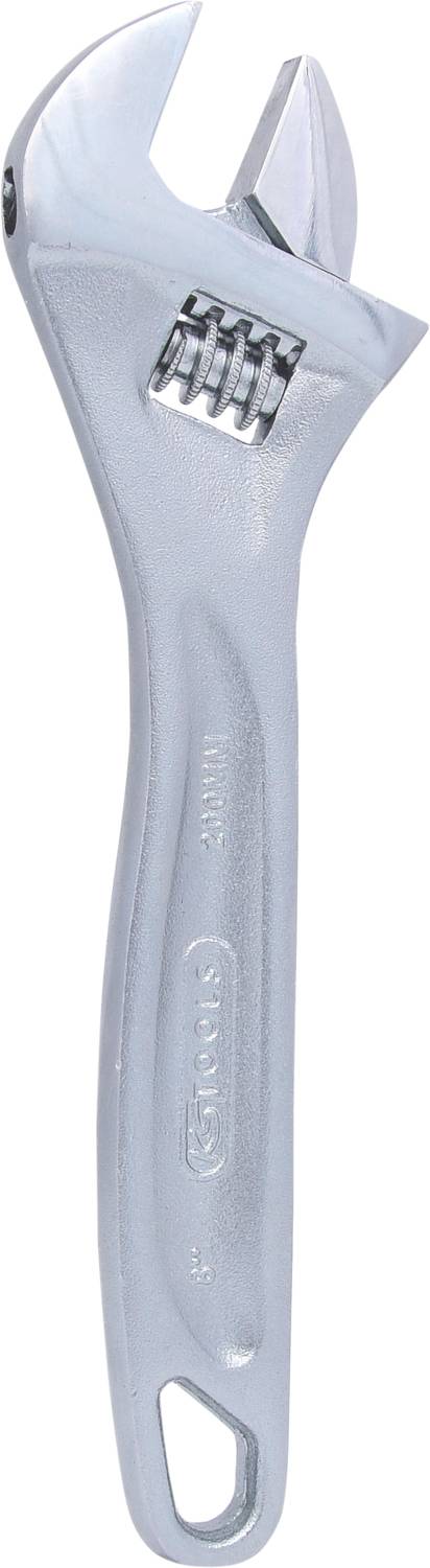 Srebrny regulowany klucz nastawny z antypoślizgowym uchwytem, ustawiony na średnią wielkość; powszechne narzędzie warsztatowe używane podczas napraw.