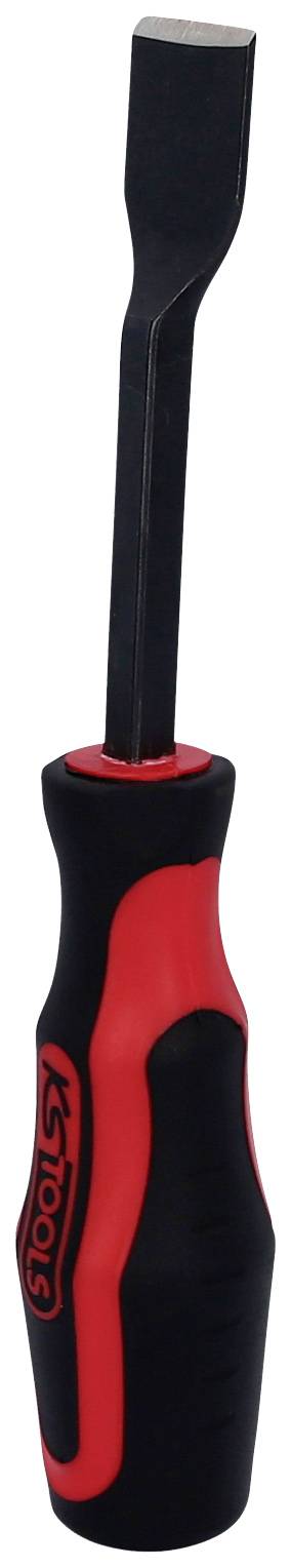 Wkrętak z czarną, płaską końcówką i gumowanym uchwytem w kolorach czerwonym i czarnym.