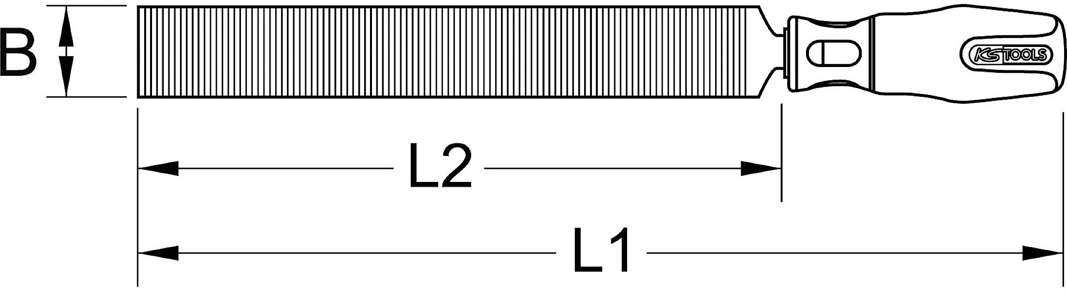 Rysunek techniczny pilnika z uchwytem. Oznaczenia wymiarów: 'B', 'L1', 'L2'. Prezentuje proporcje i kształt pilnika.