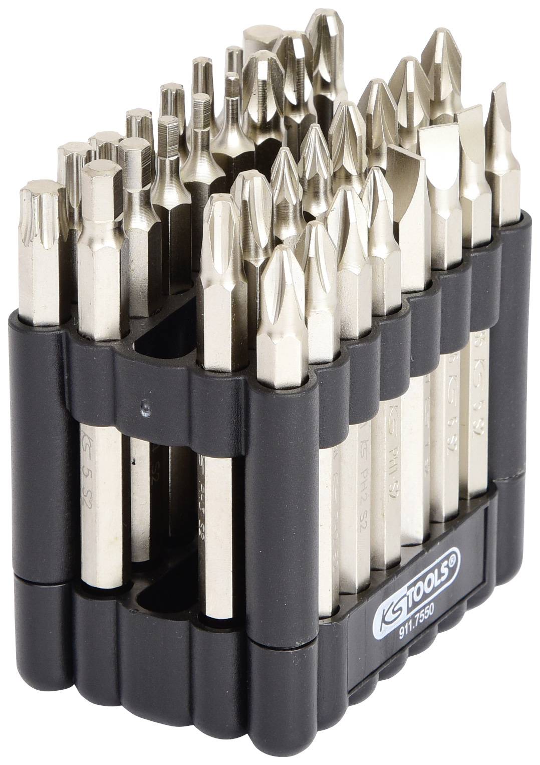 Zestaw bitów śrubokrętowych w różnych formach i rozmiarach, ułożonych w czarnym plastikowym uchwycie, oferuje wszechstronne możliwości zastosowania.