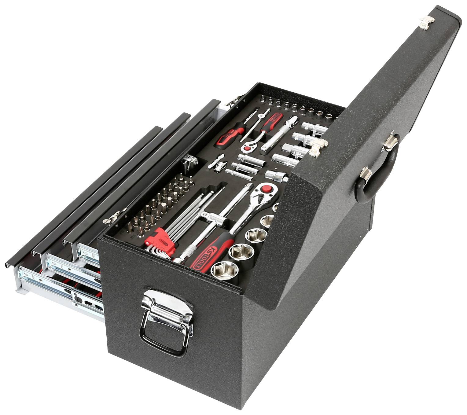 Skrzynka narzędziowa z otwartą pokrywą, prezentująca wkrętaki, klucze nasadowe i inne narzędzia starannie ułożone w przegródkach.