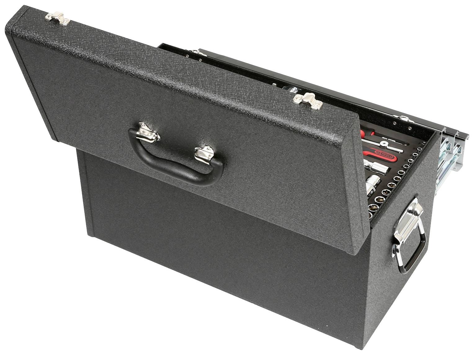 Czarny metalowy kufer narzędziowy z otwartą pokrywą, wypełniony różnymi narzędziami, takimi jak śrubokręty i szczypce.