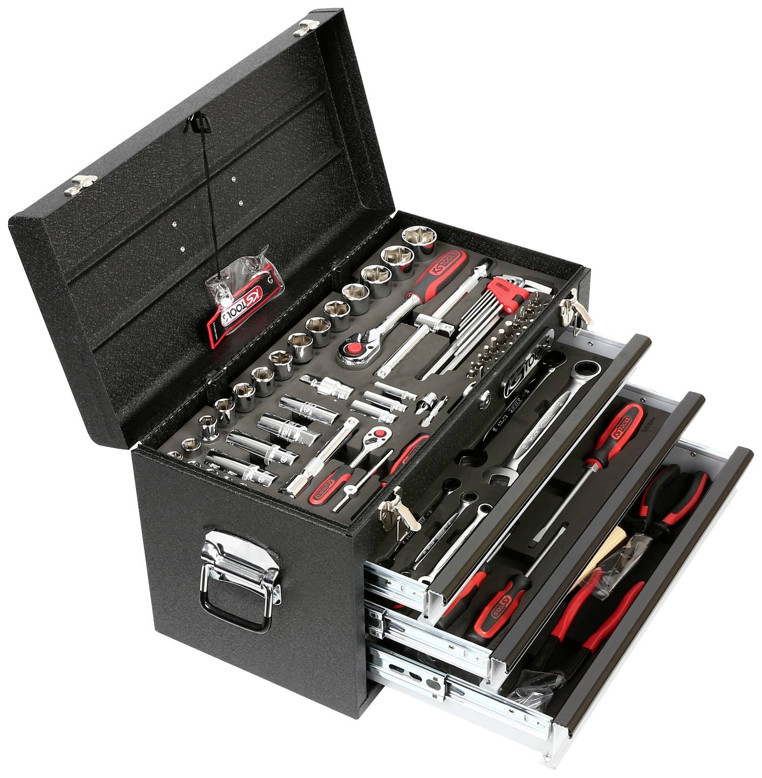 Czarny skrzynka narzędziowa z trzema otwartymi szufladami, wypełniona różnymi narzędziami takimi jak klucze, szczypce i nasadki.