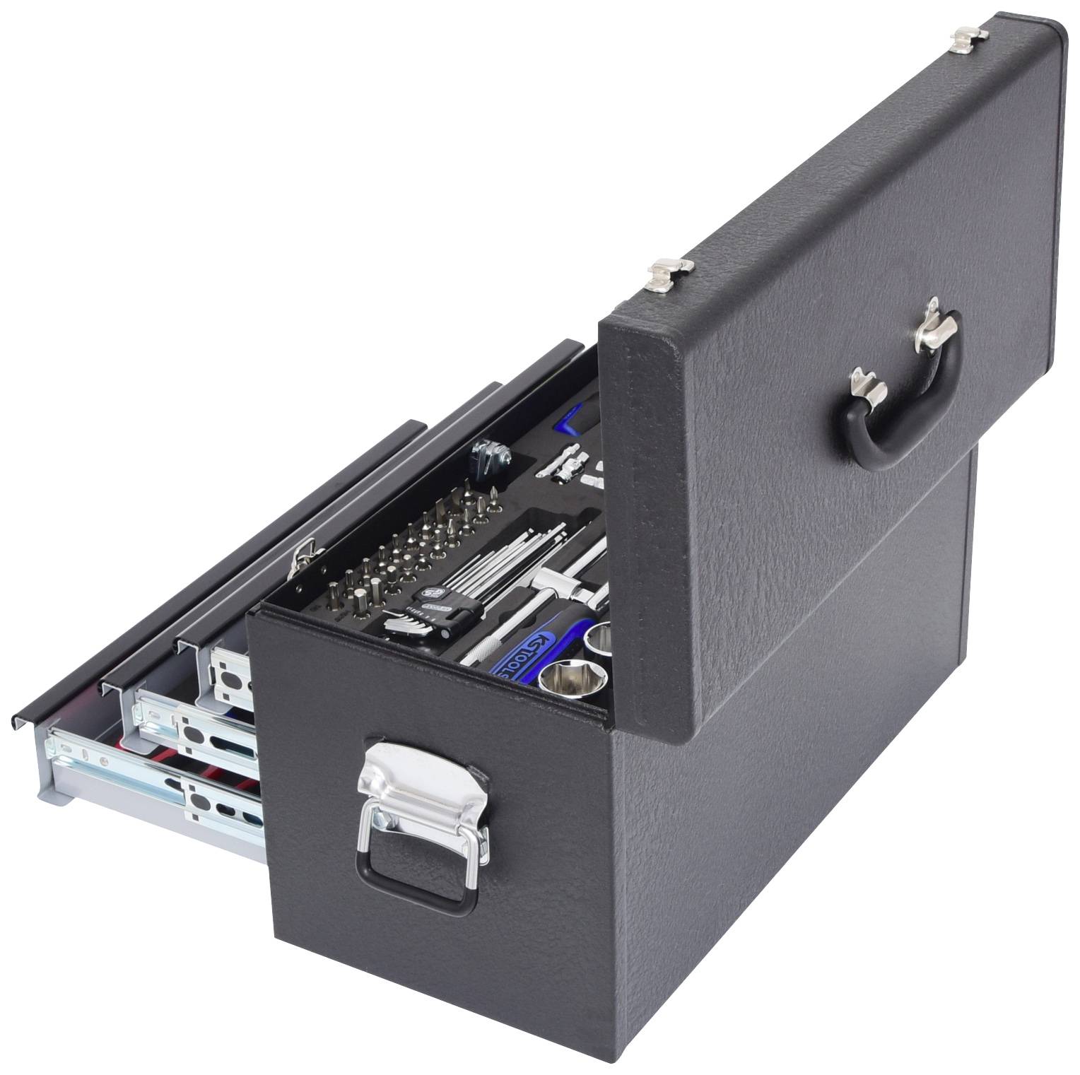 Skrzynka narzędziowa z otwartą pokrywą, prezentująca różne wkrętaki, szczypce i narzędzia w uporządkowanych przegródkach.