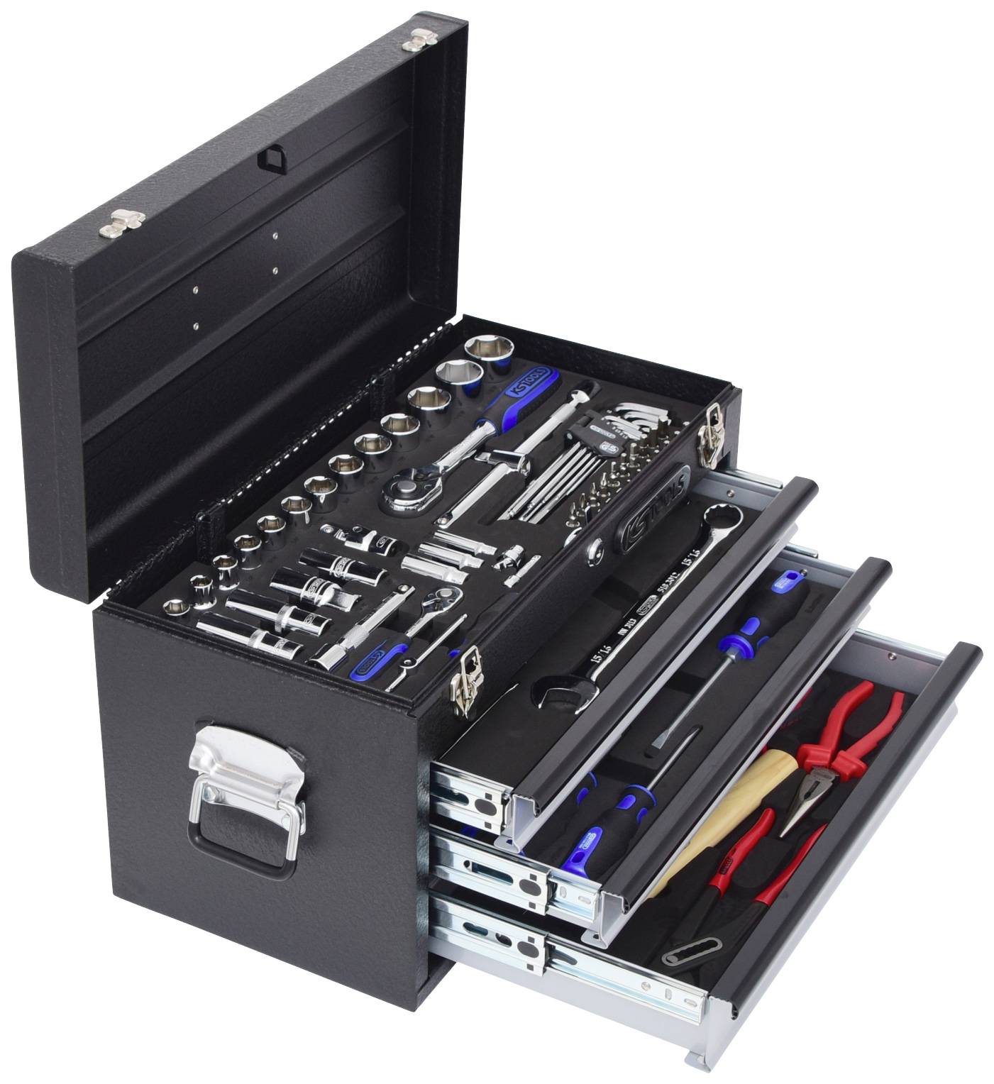 Otwarta skrzynka narzędziowa z kluczami płaskimi, nasadkami, szczypcami i śrubokrętami w uporządkowanych przegródkach i szufladach.