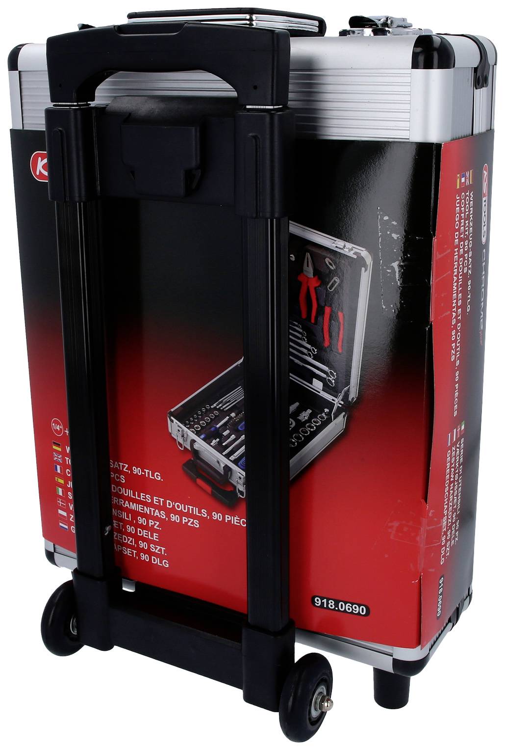 Walizka na kółkach z narzędziami, zawierająca różne narzędzia i akcesoria. Walizka zamknięta, na opakowaniu widok wnętrza po otwarciu.