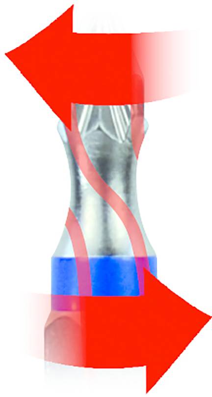 Bit wkrętaka z niebieskim pierścieniem pośrodku, otoczony czerwonymi strzałkami wskazującymi ruch obrotowy w przeciwnych kierunkach.