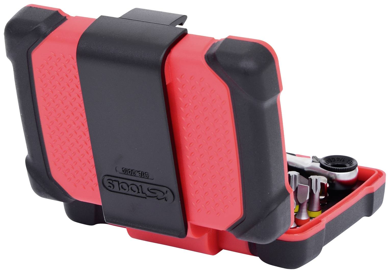 Zamknięty czerwony skrzynka narzędziowa z czarnymi narożnikami i zatrzaskiem. Częściowo otwarta, z widoczną zawartością, taką jak bity i wkrętaki.