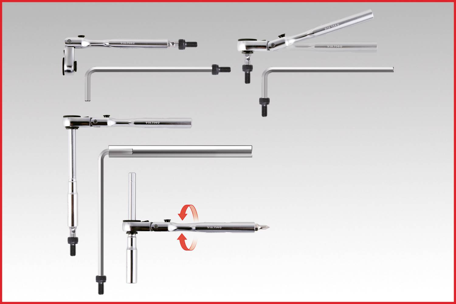 Układ narzędzi z regulowanymi ramionami i śrubami mocującymi. Strzałki wskazują ruchy obrotowe.