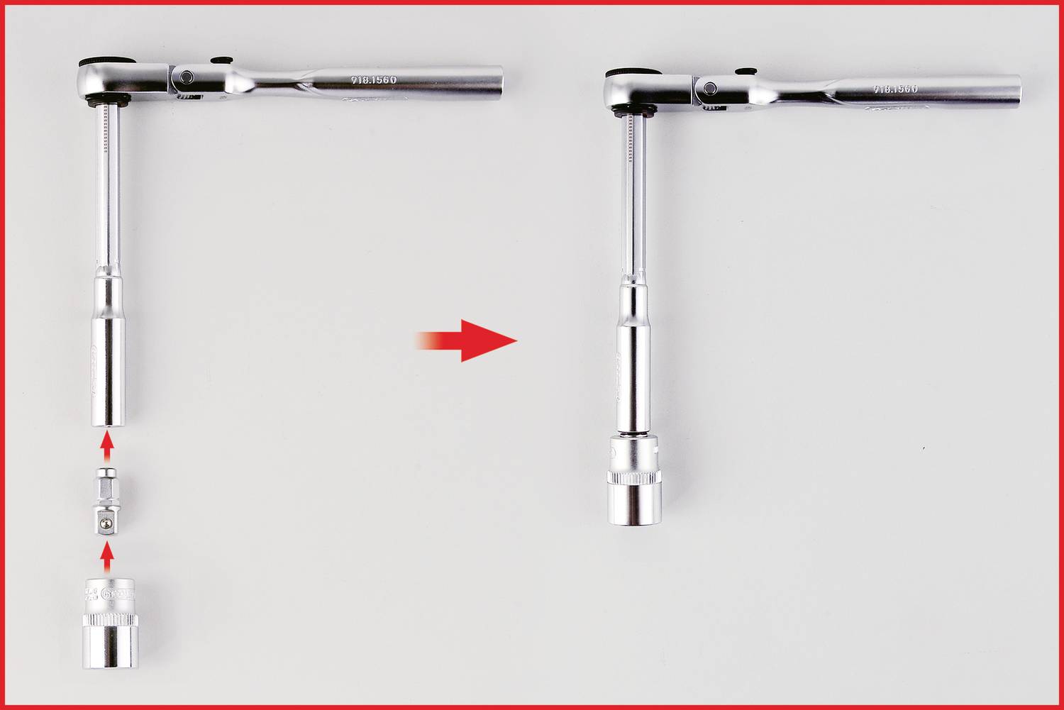 Dwie grzechotki: Po lewej stronie części rozłożone ze strzałkami w kolorze czerwonym, po prawej zmontowana grzechotka. Przedstawia montaż przedłużki.