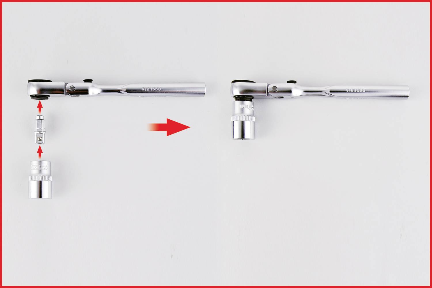 Dwie grzechotki z nasadkami. Po lewej stronie wkładany jest adapter między grzechotkę a nasadkę, po prawej stronie jest już zamontowany.