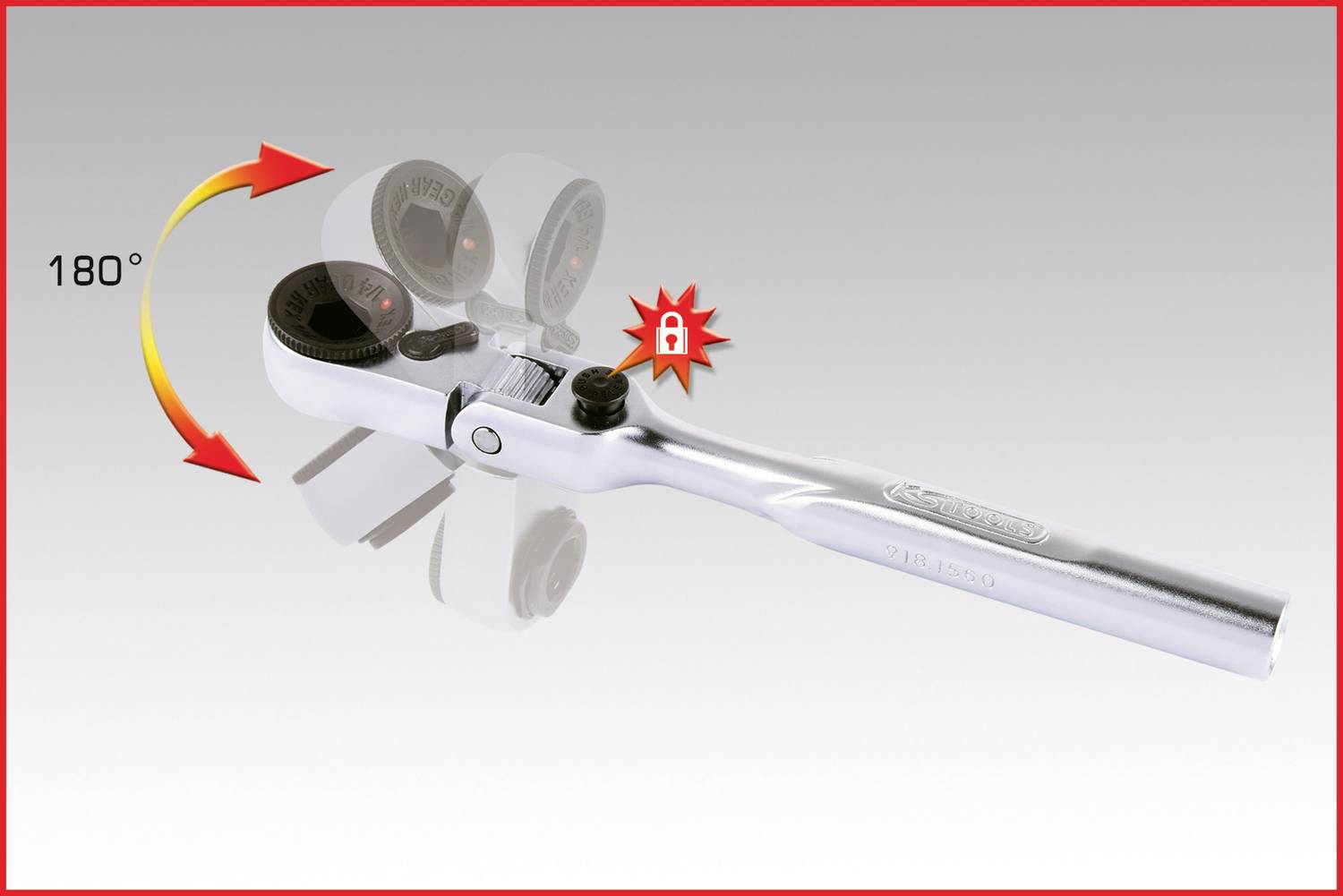 Klucz z grzechotką pokazuje 180-stopniowy ruch obrotowy z mechanizmem blokowania. Ruch jest przedstawiony za pomocą czerwonej strzałki i symbolu zamka.