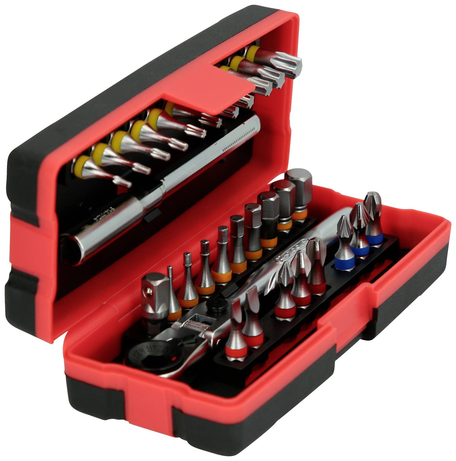 Otwarty, czerwony zestaw narzędziowy z różnymi grotami i kluczem do nakrętek. Idealny do wszechstronnych napraw.