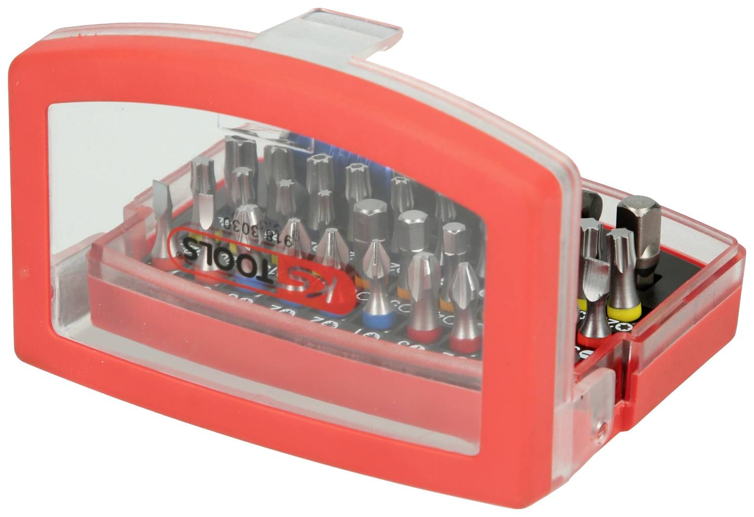 Czerwone plastikowe etui z różnymi grotami do narzędzi. Zawiera liczne końcówki śrubowe w przezroczystej osłonie.