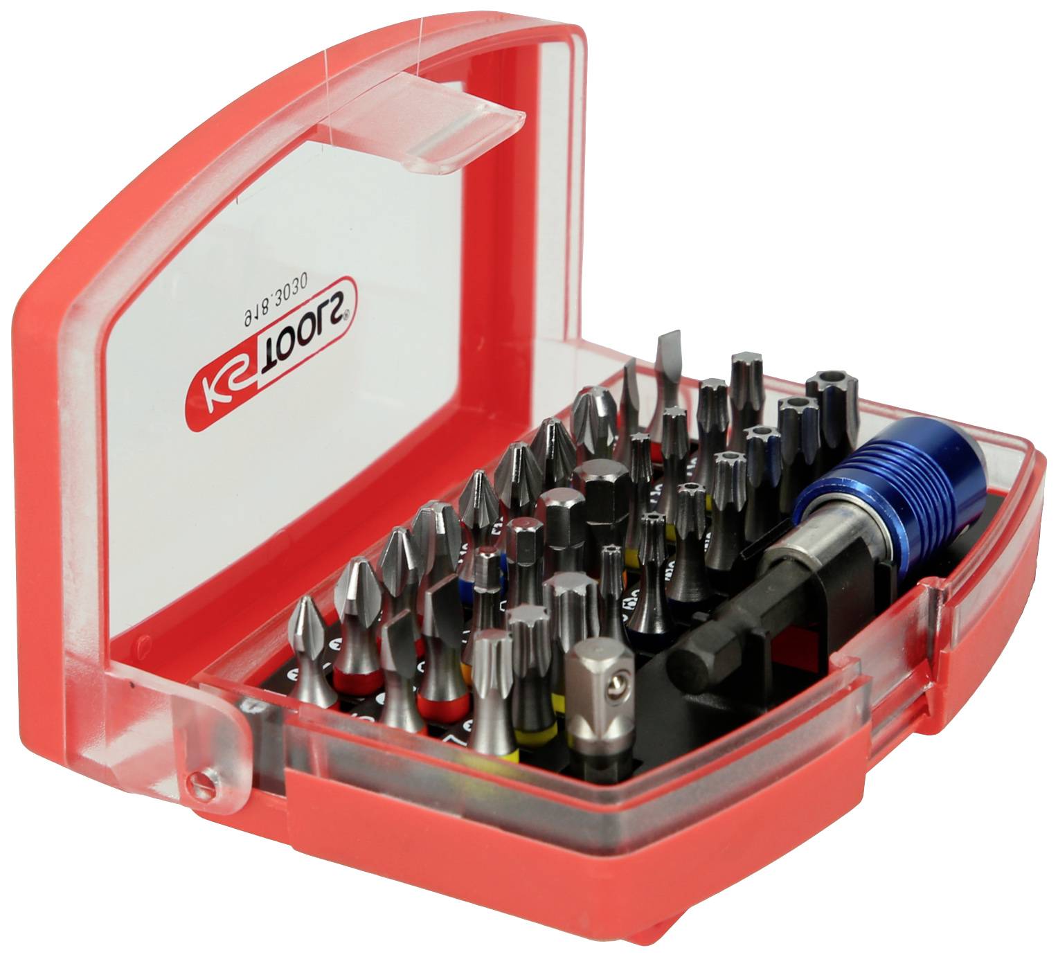 Zestaw różnych końcówek śrubokrętowych z niebieskim uchwytem narzędziowym w czerwonym i przezroczystym pudełku z tworzywa sztucznego.