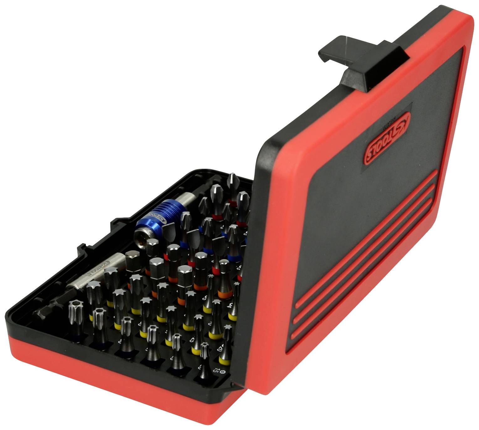 Otwarty przybornik z różnymi końcówkami do wkrętaków w różnych kolorach i rozmiarach.