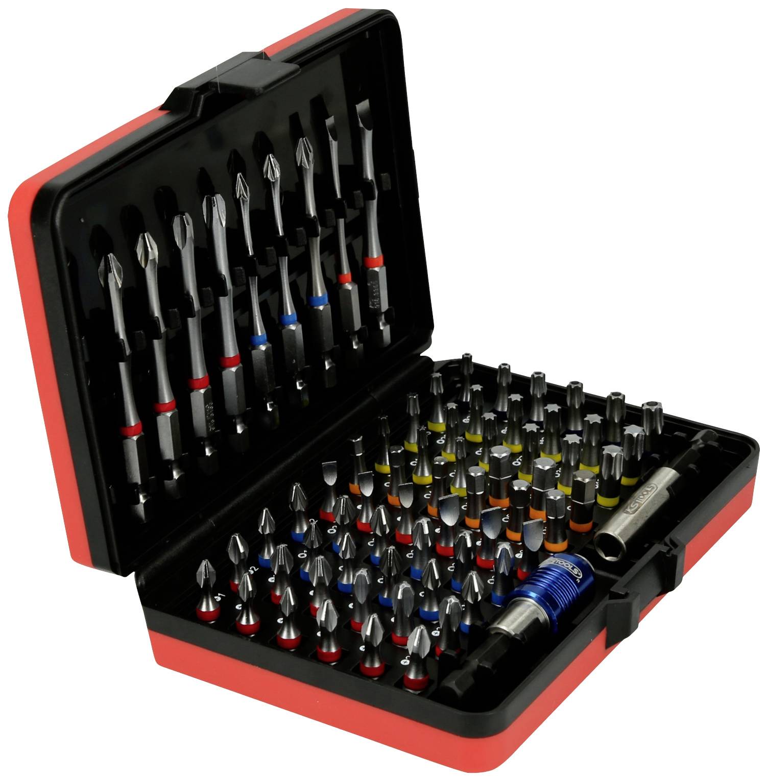 Otwarty czerwony kufer z wieloma końcówkami wkrętakowymi w różnych rozmiarach i kształtach.