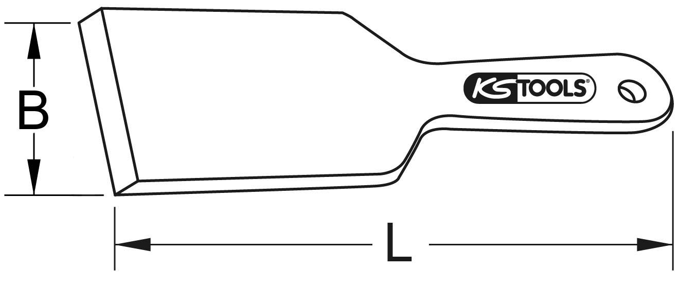 Rysunek techniczny skrobaka narzędziowego z oznaczonymi wymiarami L (długość) i B (szerokość), uchwyt z logo „KS Tools".