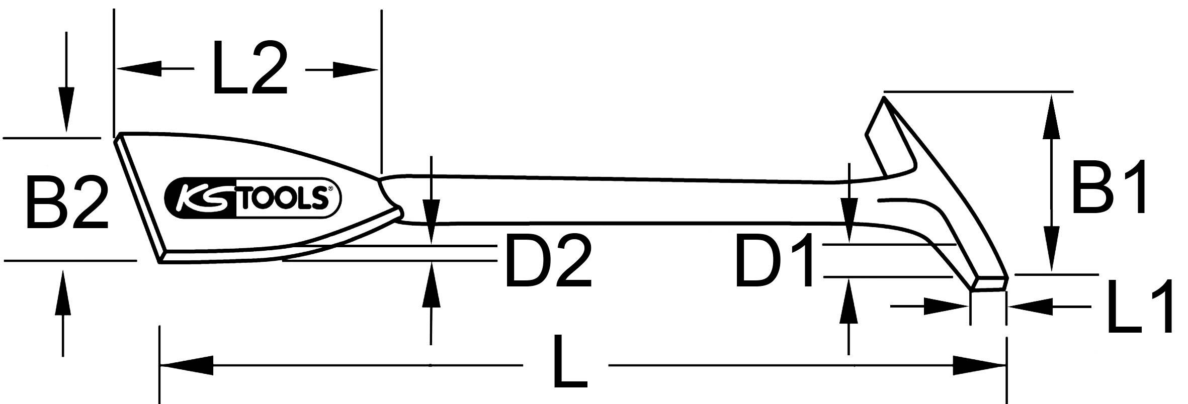 Rysunek techniczny narzędzia z wymiarami L, L1, L2, D1, D2, B1 i B2. W lewej części widoczne jest logo 'KS Tools'.