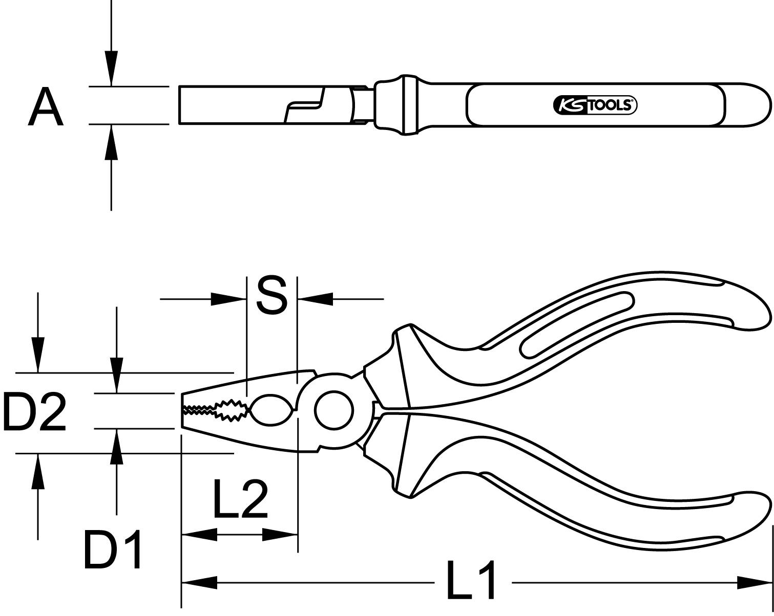 Rysunek szczypiec z wymiarowaniem. Kluczowe wymiary to L1, L2, D1, D2 oraz S. Przedstawia widok szczegółowy i widok z boku. Logo 'KS Tools'.