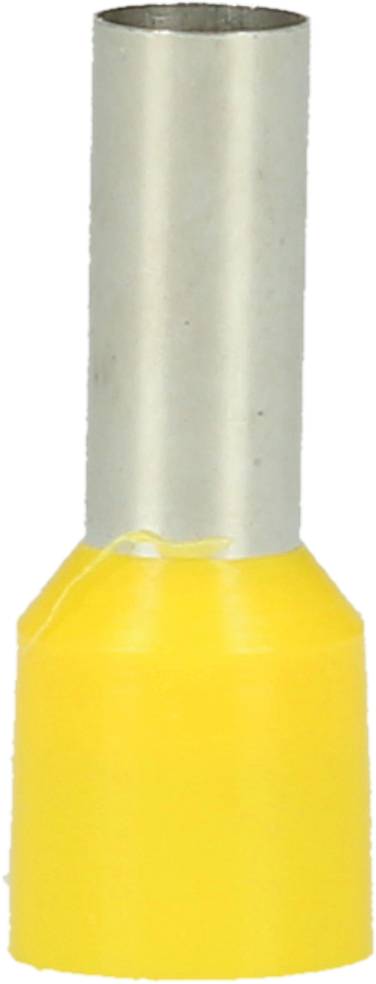 Żółty izolowany konektor kablowy z metalowym otworem do mocowania przewodu. Używany do elektrycznego łączenia kabli.
