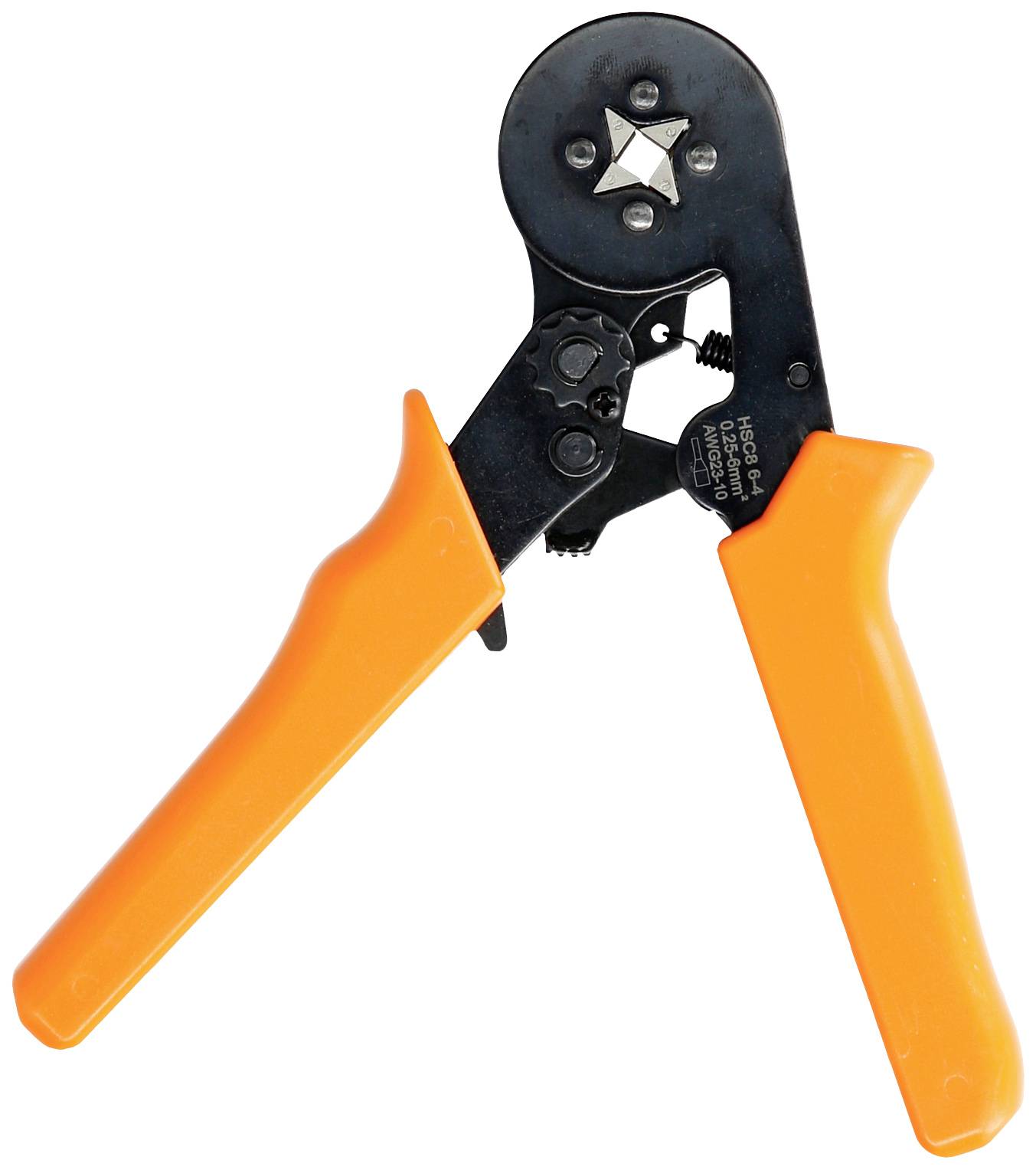 Pomarańczowe szczypce zaciskowe z czarną rękojeścią do łączenia kabli i wtyczek, przedstawione w pozycji otwartej.