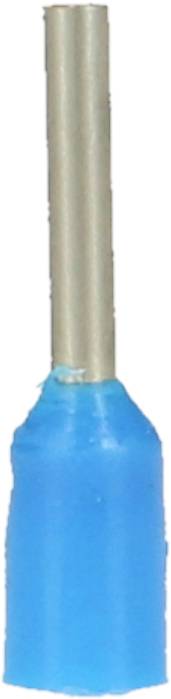 Niebieski płaski wtyk z izolowaną końcówką, odpowiedni do mocowania przy przewodach elektrycznych, zapewniający bezpieczne połączenia.