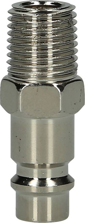 Metalowy złącz pneumatyczny z gwintem na górze i gładkim przyłączem rurowym na dole. Stosowany do szybkiego podłączania węży.