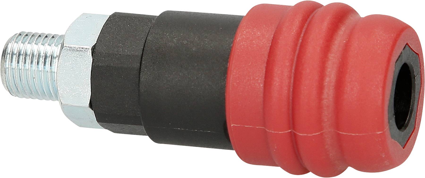 Sprzęgło z czerwonym kapturkiem ochronnym i gwintem metalowym, odpowiednie do systemów pneumatycznych.