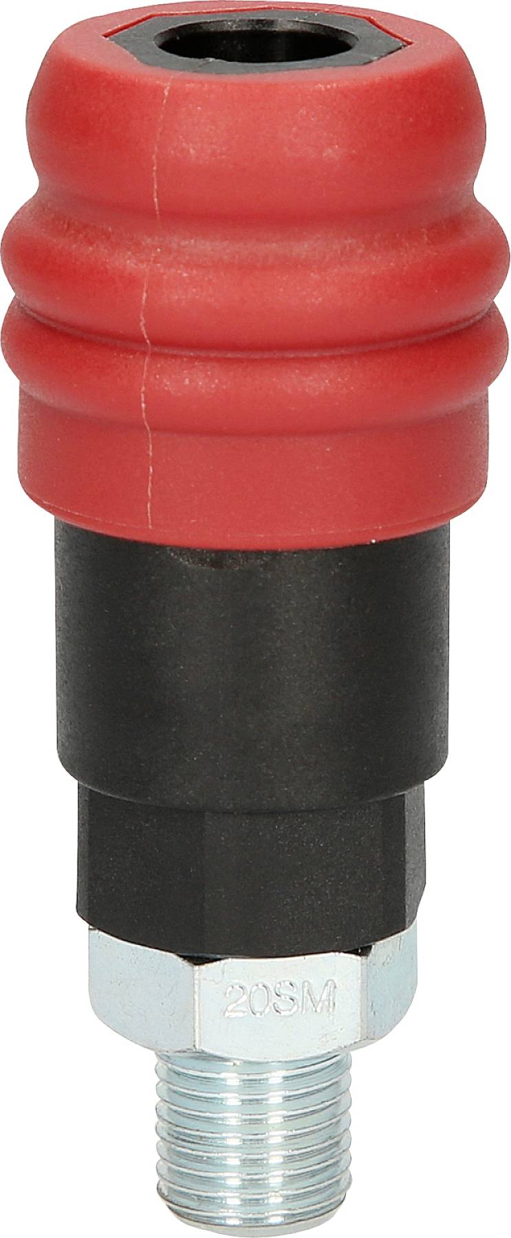 Komponent hydrauliczny z czerwoną, prążkowaną głowicą z tworzywa sztucznego i czarną częścią środkową, u dołu z metalowym gwintem przyłączeniowym.