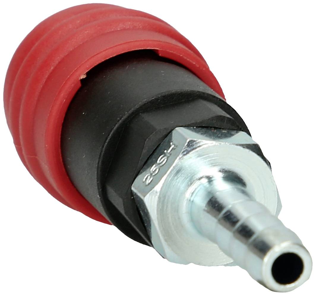 Metalowy łącznik pneumatyczny z czerwoną plastikową rękojeścią. Złącze posiada gwint przeznaczony do podłączeń w systemach sprężonego powietrza.