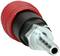 Metalowy łącznik pneumatyczny z czerwoną plastikową rękojeścią. Złącze posiada gwint przeznaczony do podłączeń w systemach sprężonego powietrza.